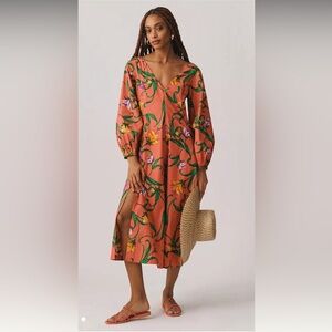 Anthropologie Coral Floral Midi Dress with Green Vine Print